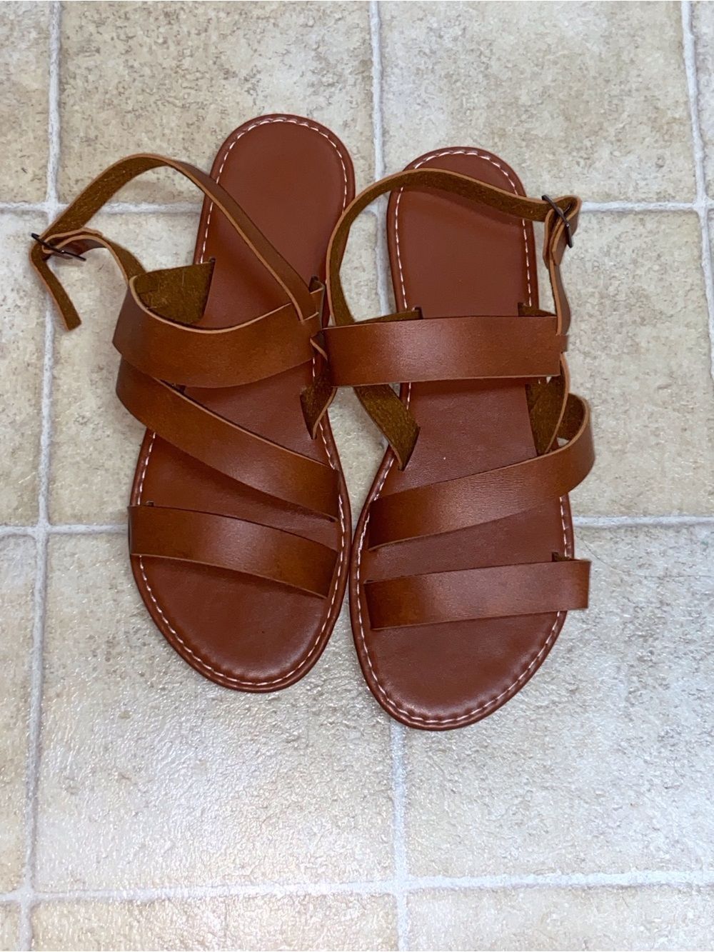 Brown Strappy Flat Sandals Faux Leather Size 41